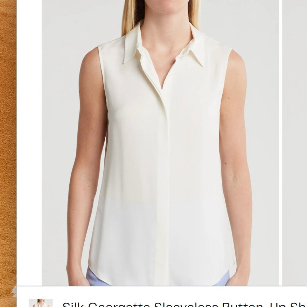 NEW THEORY Silk Georgette Sleeveless Button-Up Shirt-NWOT-Cream/Ivory-Size M